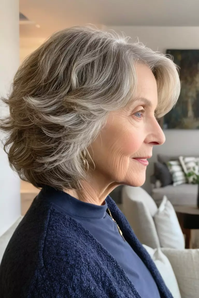 Tousled Wavy Bob A photo of a 67-year-old Helen, tousled wavy bob at chin length, side view, living room background