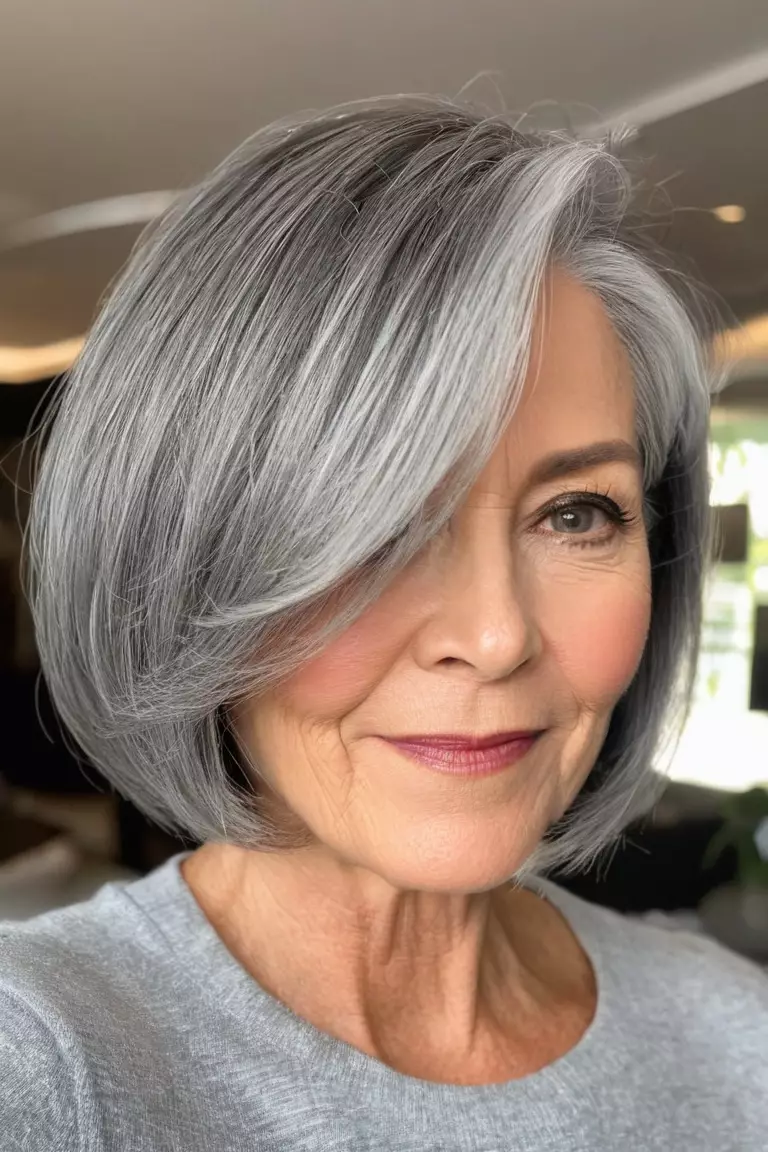 Voluminous Gray Bob A photo of a 57-year-old Sharon, voluminous gray bob, front view, living room background