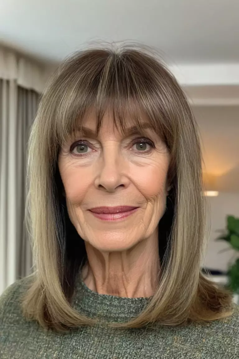 A photo of a 64-year-old Susan, medium-length straight hair with curtain bangs, front view, living room background