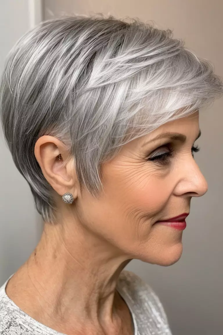 Asymmetrical Silver Pixie Bob A photo of a 59-year-old Linda, asymmetrical silver pixie bob, side view, living room background