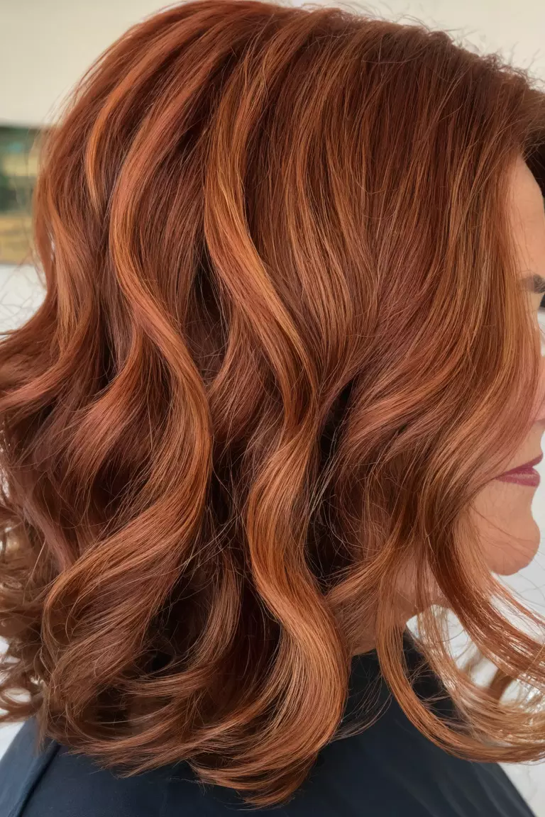 Cropped Auburn Waves A photo of a 64-year-old Brenda, cropped auburn waves with dimensional color, front view, living room background