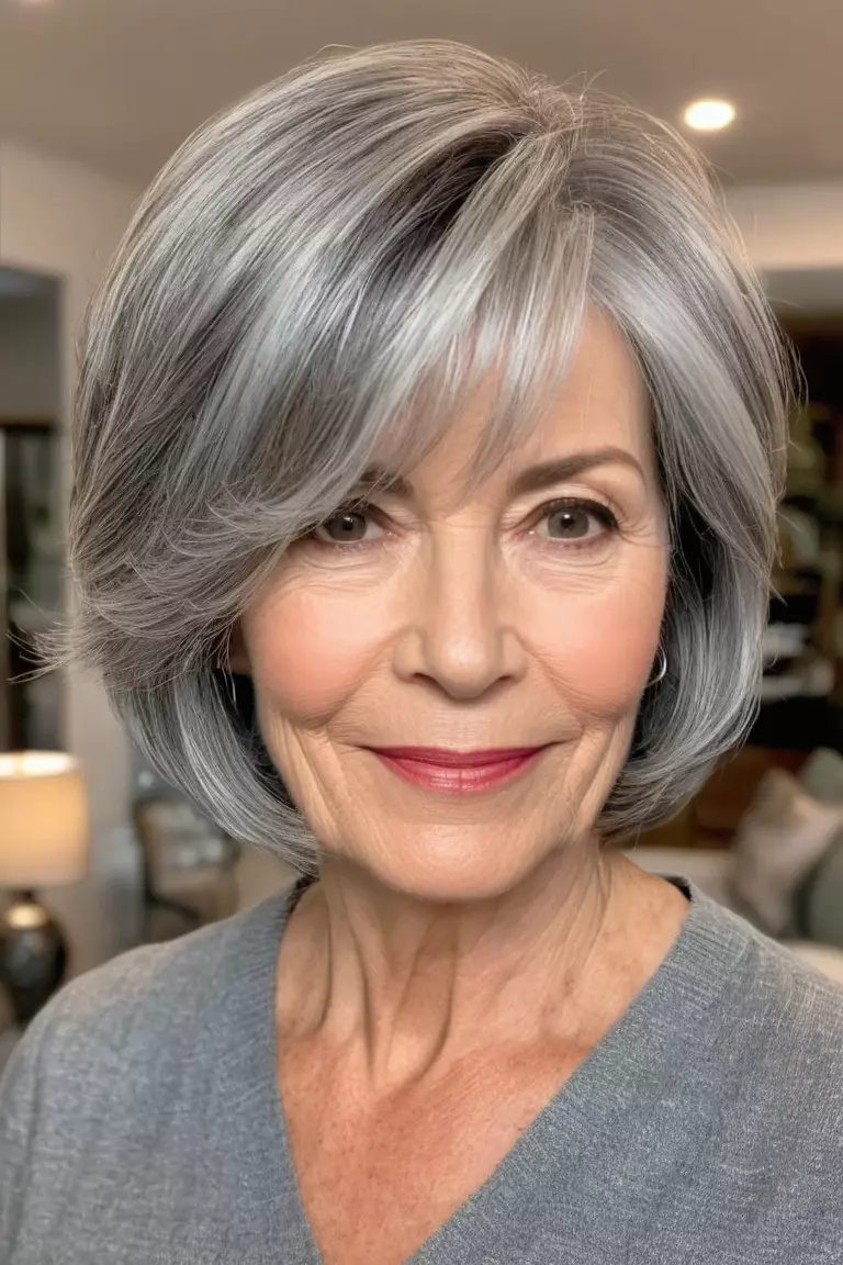 Wispy Gray Bob A photo of a 55-year-old Shirley, wispy gray bob, front view, living room background