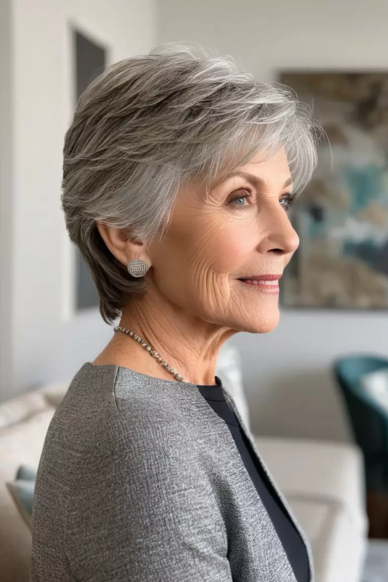 A photo of a 65-year-old Deborah, gray layered cropped cut, side view, living room background