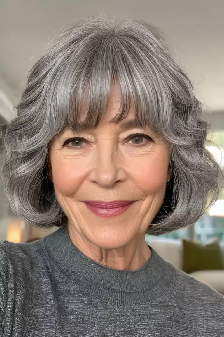A photo of a 62-year-old Jennifer, wavy gray bob with bangs, front view, living room background