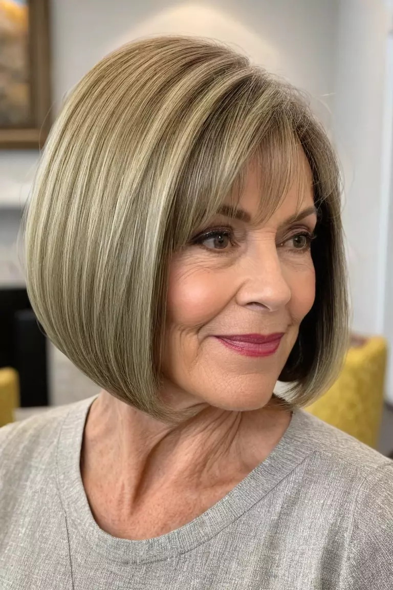 A photo of a 65-year-old Beverly, tapered straight bob, side view, living room background