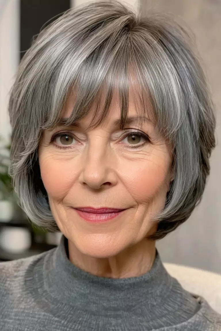 Soft Layered Gray Bob with Bangs A photo of a 55-year-old Susan, soft layered gray bob with bangs, front view, living room background
