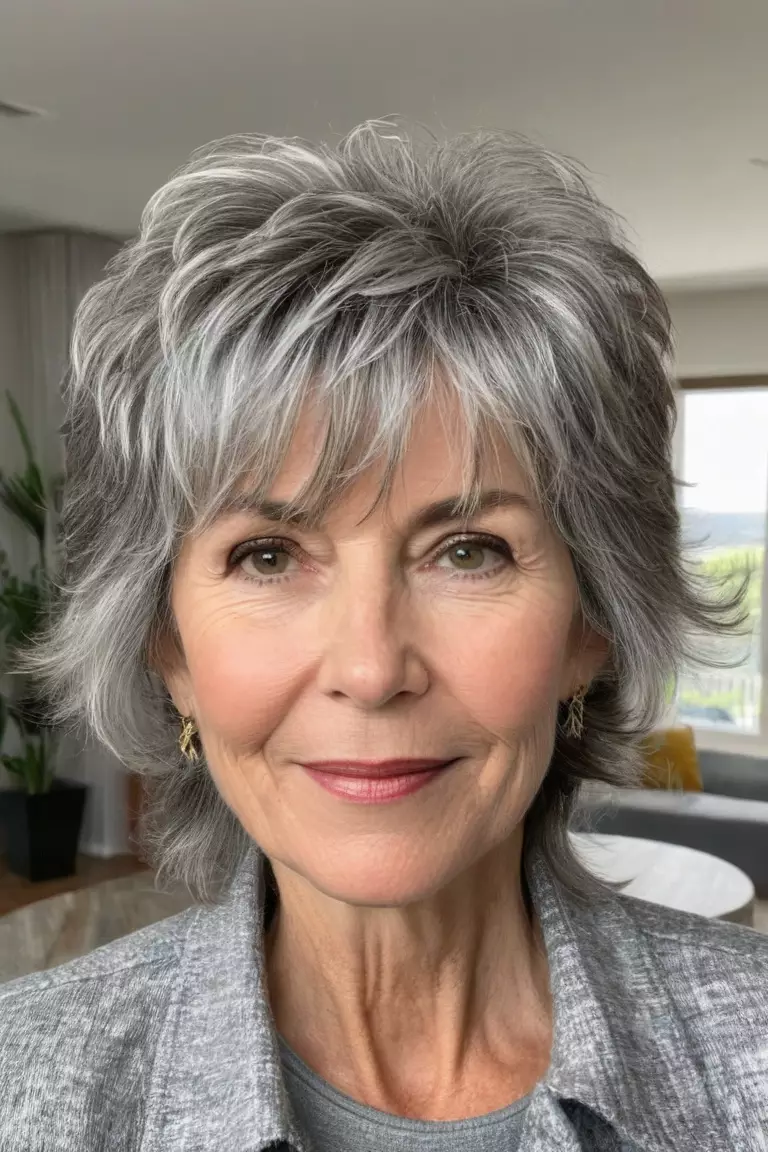 Wispy Shaggy Cut A photo of a 56-year-old Catherine, wispy gray shaggy cut, front view, living room background