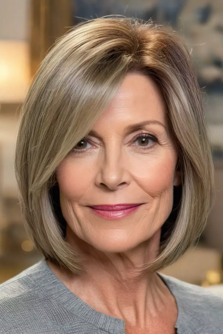Face-Framing Shoulder-Length Cut A photo of a 56-year-old Donna, face-framing shoulder-length haircut, front view, living room background