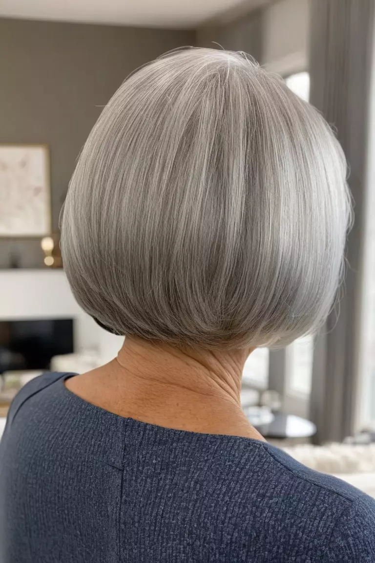 A photo of a 64-year-old Sandra, jaw-length silver bob with stacked back, back view, living room background