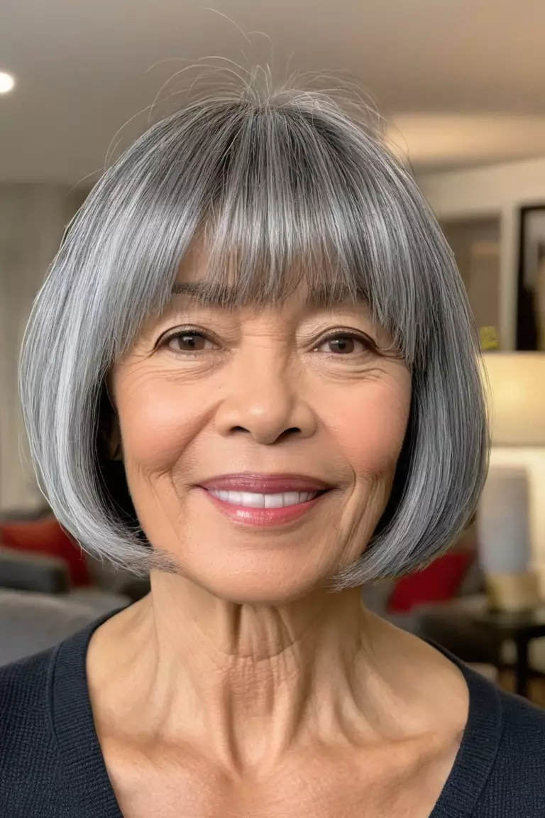 Chin-Length Gray Bob with Bangs A photo of a 54-year-old Cynthia, chin-length gray bob with bangs, front view, living room background