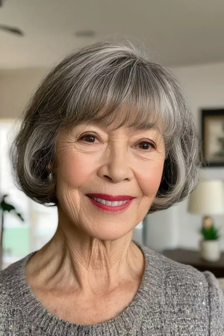 Chin-Length Waves with Bangs A photo of a 65-year-old Betty, chin-length wavy bob with straight bangs, front view, living room background
