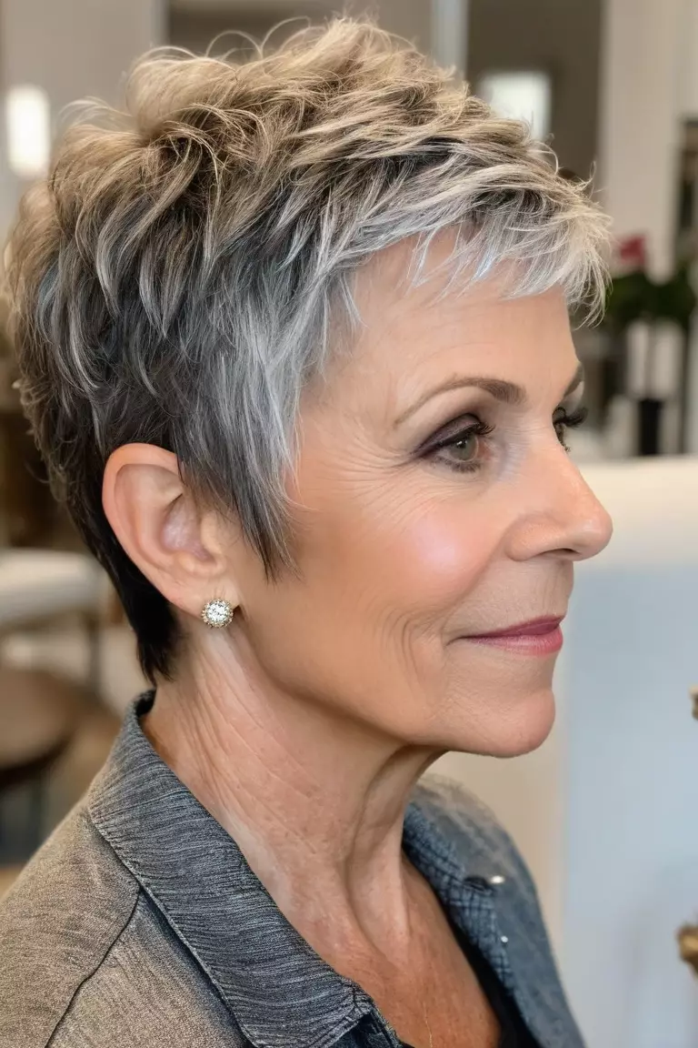 Textured Layered Pixie A photo of a 59-year-old Beverly, textured layered pixie, side view, living room background