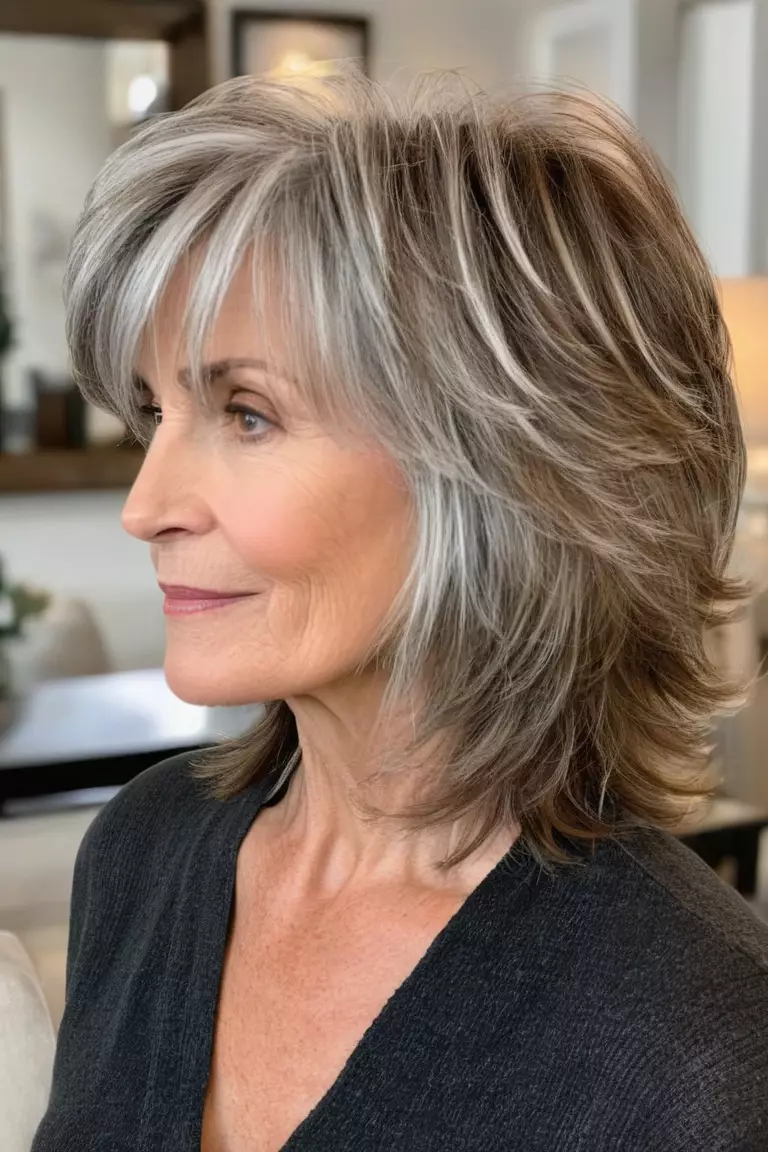 A photo of a 61-year-old Margaret, choppy highlighted layers in medium-length hair, side view, living room background