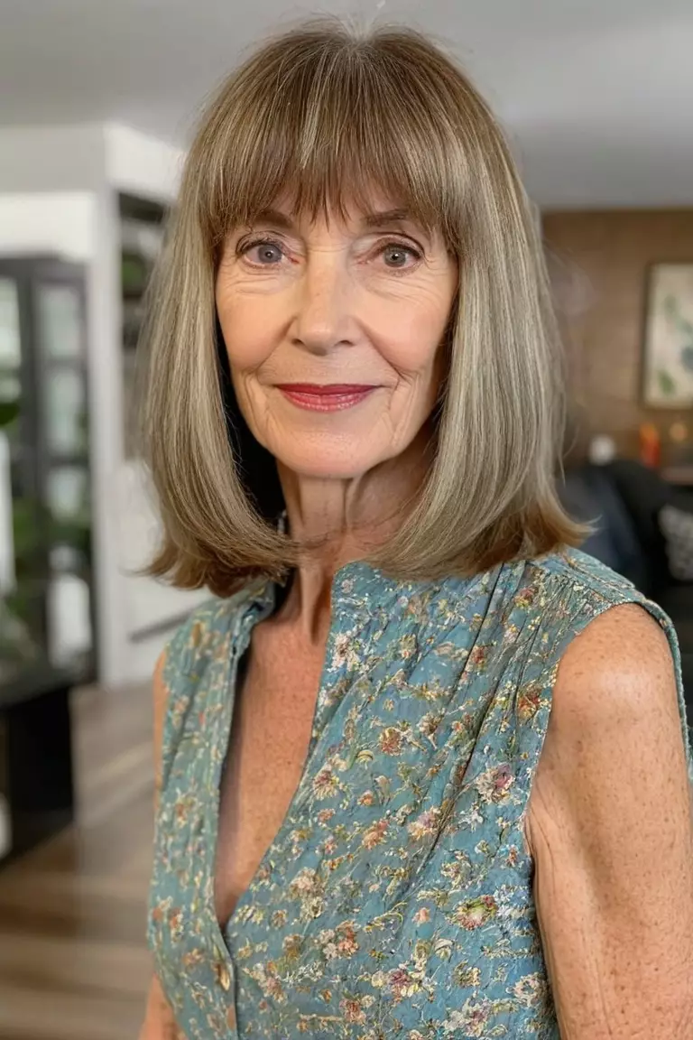 A photo of a 63-year-old Elizabeth, shaggy shoulder-length blunt cut with straight bangs, front view, living room background