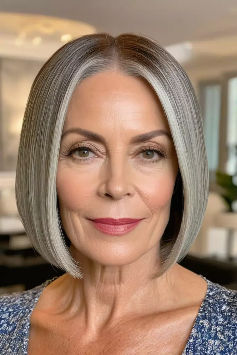 Sleek Classic Bob with Center Part A photo of a 54-year-old Deborah, sleek classic bob with center part, front view, living room background