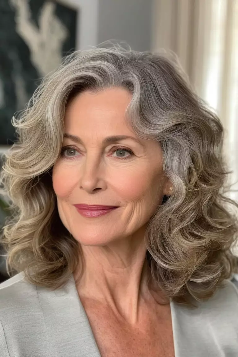 Soft Shoulder-Length Waves A photo of a 55-year-old Margaret, soft shoulder-length wavy hair, side view, living room background