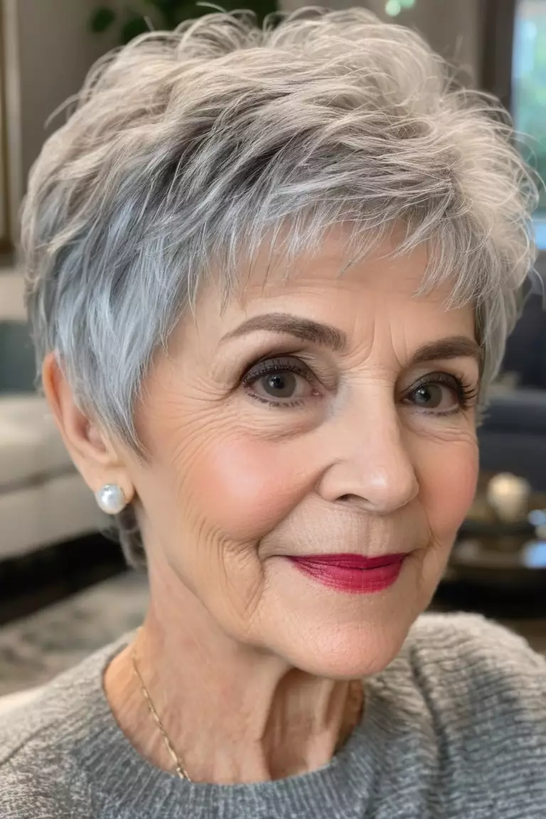 A photo of a 69-year-old Betty, wispy gray pixie haircut, front view, living room background