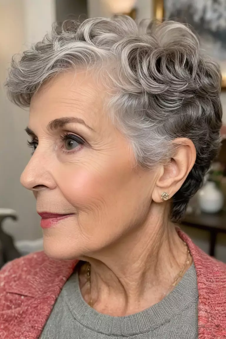 Wavy Pixie A photo of a 67-year-old Alice, wavy pixie cut with texture on top, side view, living room background