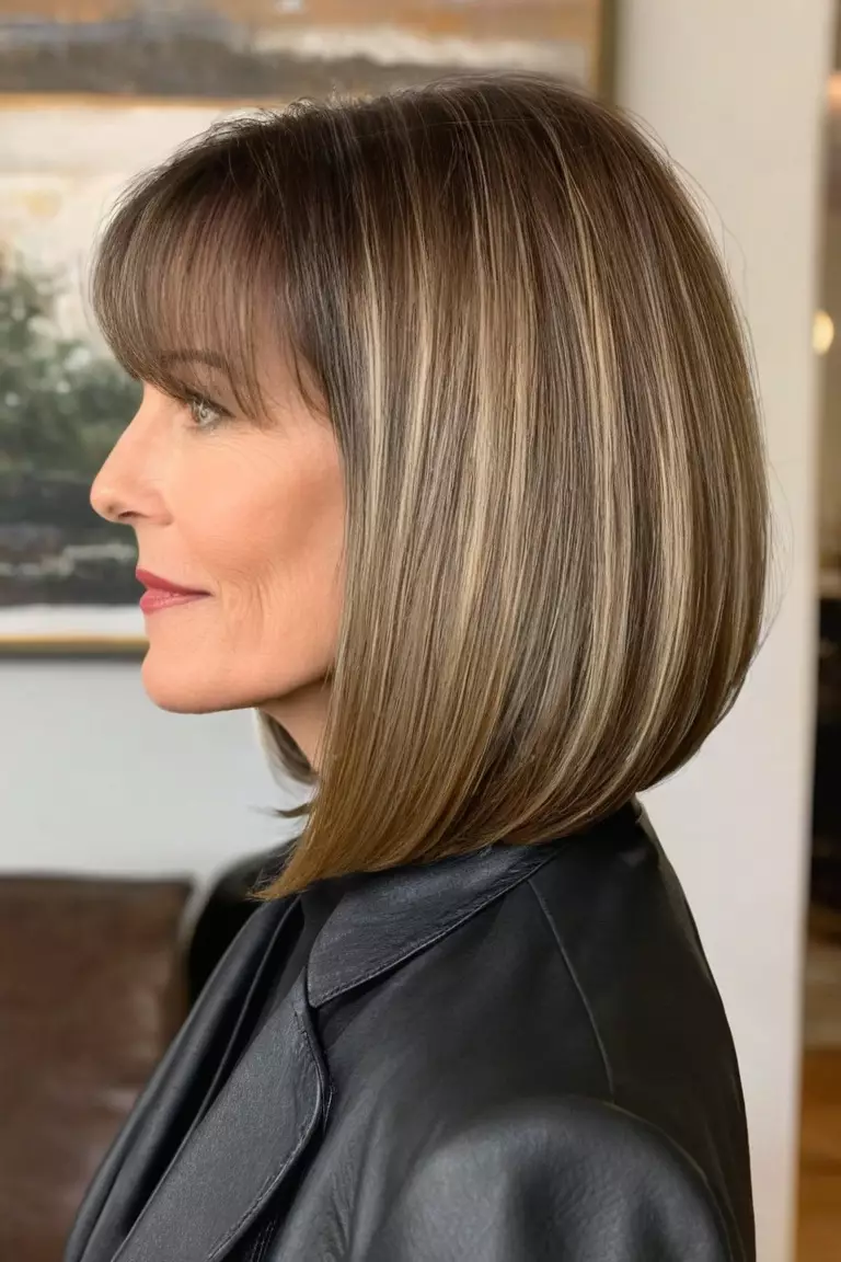 Classic Long Bob A photo of a 54-year-old Rachel, classic long bob haircut, side view, living room background