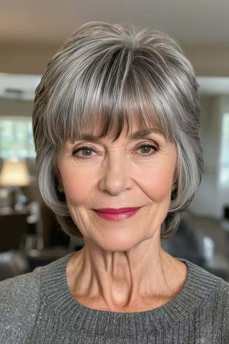 Cropped Layered Cut with Bangs A photo of a 58-year-old Dorothy, gray cropped layered cut with bangs, front view, living room background