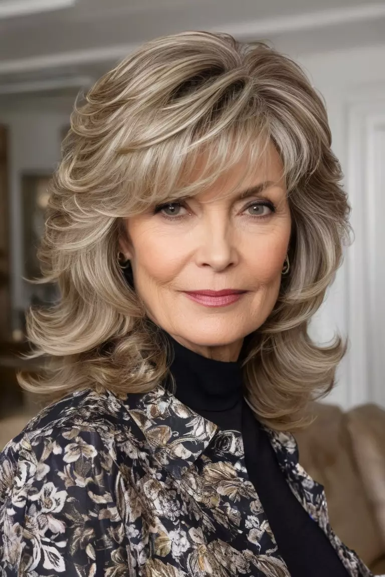 Layered Waves with Swooping Side Bangs A photo of a 62-year-old Martha, layered wavy hair with dramatic swooping side bangs, side view, living room background