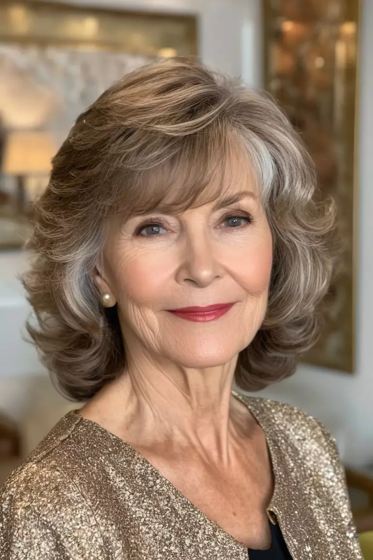 Waves with Side-Swept Bangs A photo of a 65-year-old Linda, medium wavy hair with elegant side-swept bangs, side view, living room background