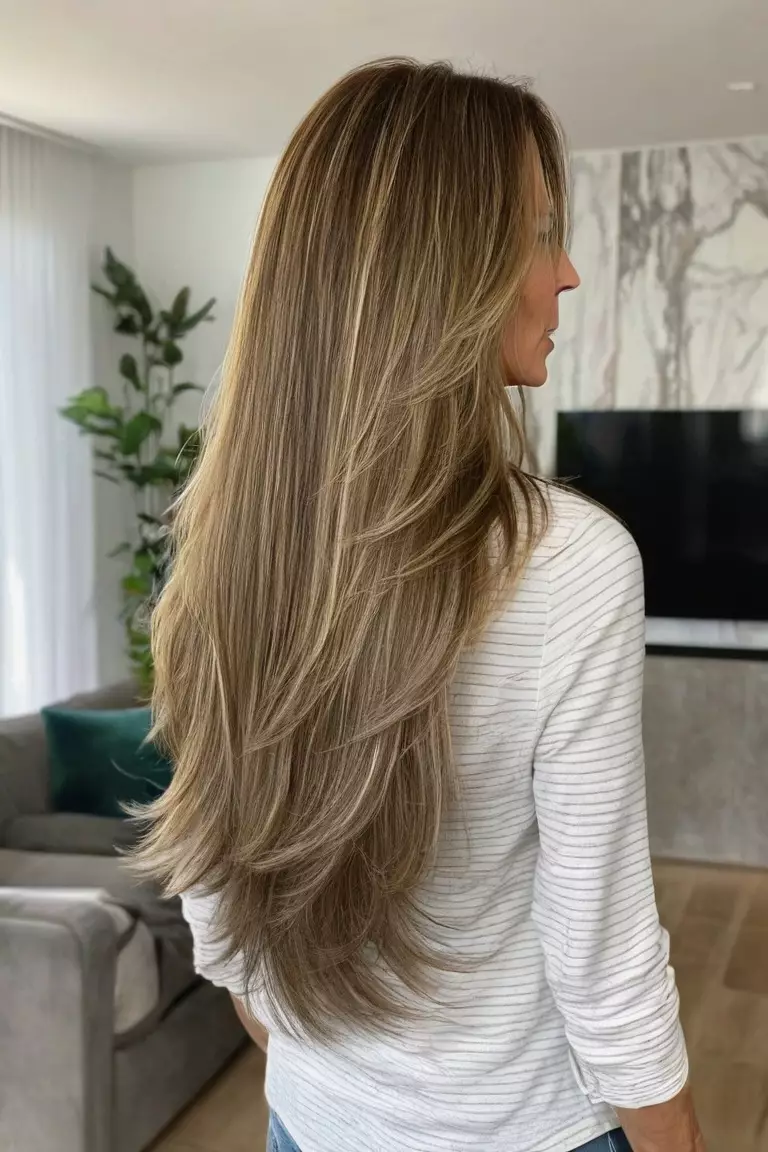 Long Flowing Layers A photo of a 52-year-old Lisa, long flowing layered hair, back view, living room background