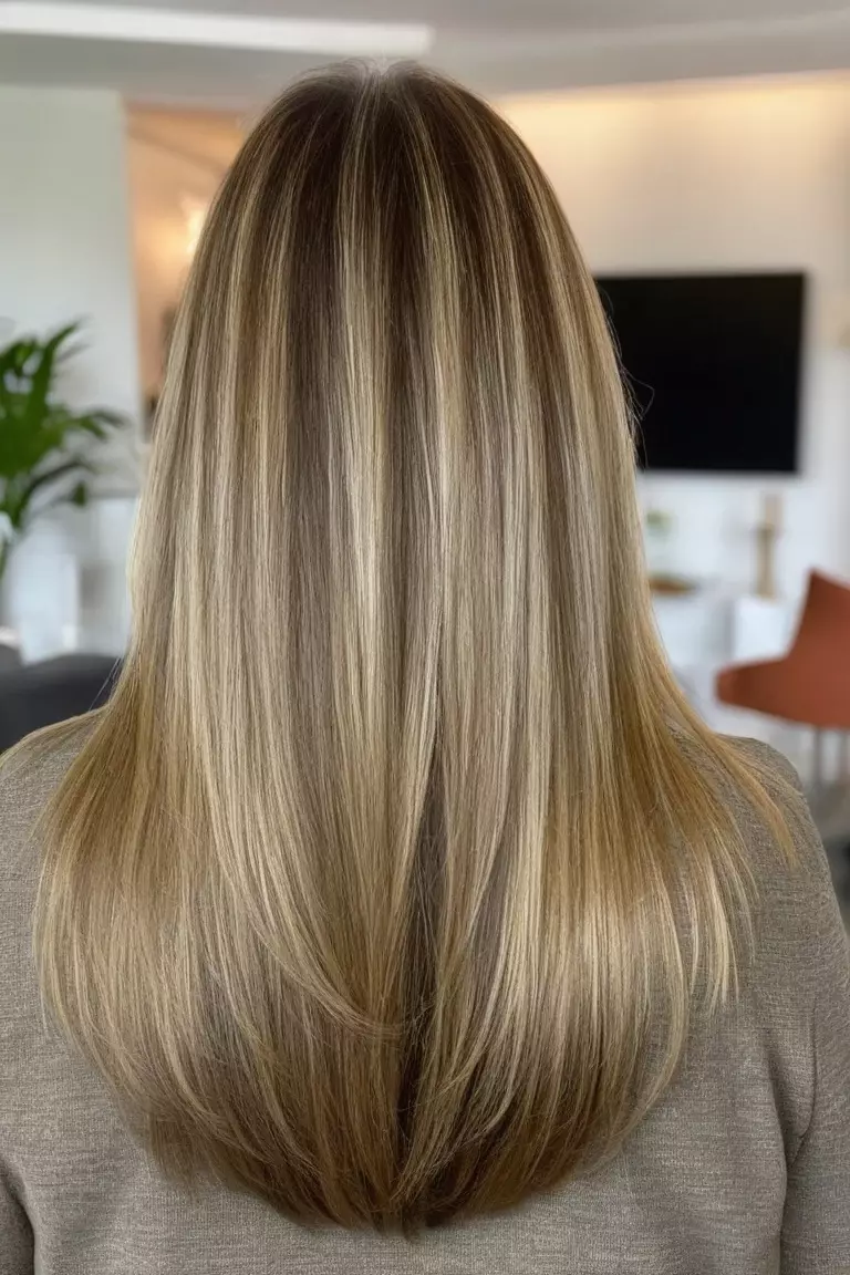 A photo of a 63-year-old Sandra, medium-length straight hair with layers, back view, living room background