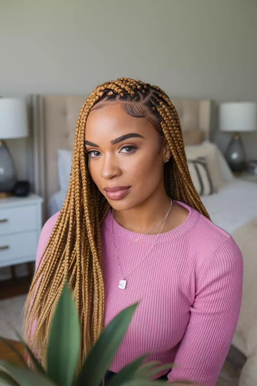 A beautiful woman with baby braids, bedroom background