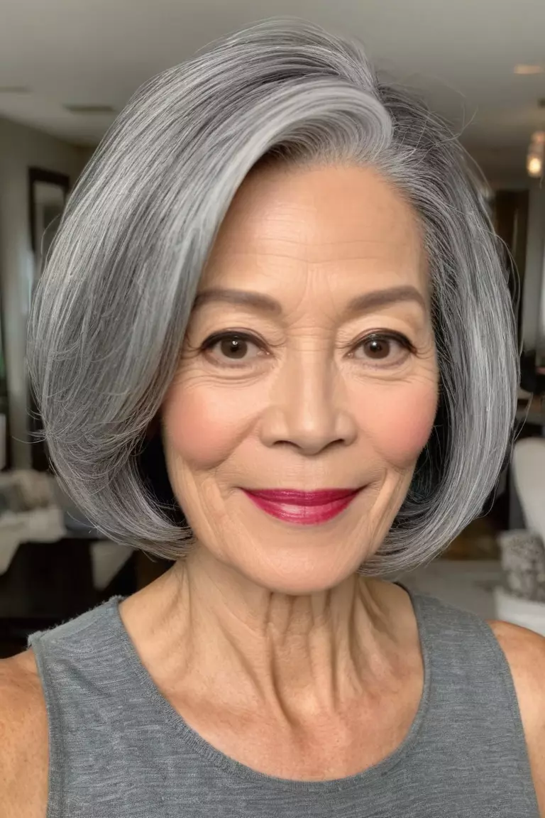 Chin-Length Bob with Flipped Ends A photo of a 52-year-old Margaret, chin-length gray bob with flipped ends, front view, living room background