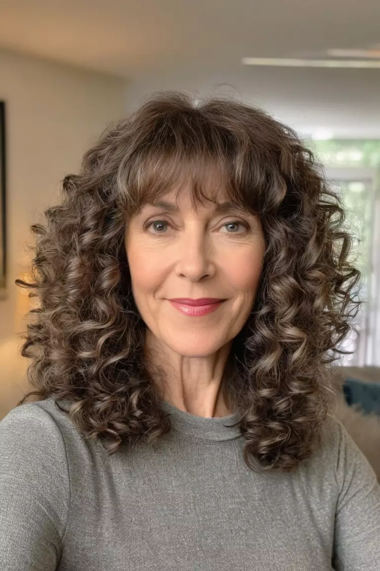 Shoulder-Length Curls with Bangs A photo of a 50-year-old Cynthia, shoulder-length curly hair with bangs, front view, living room background