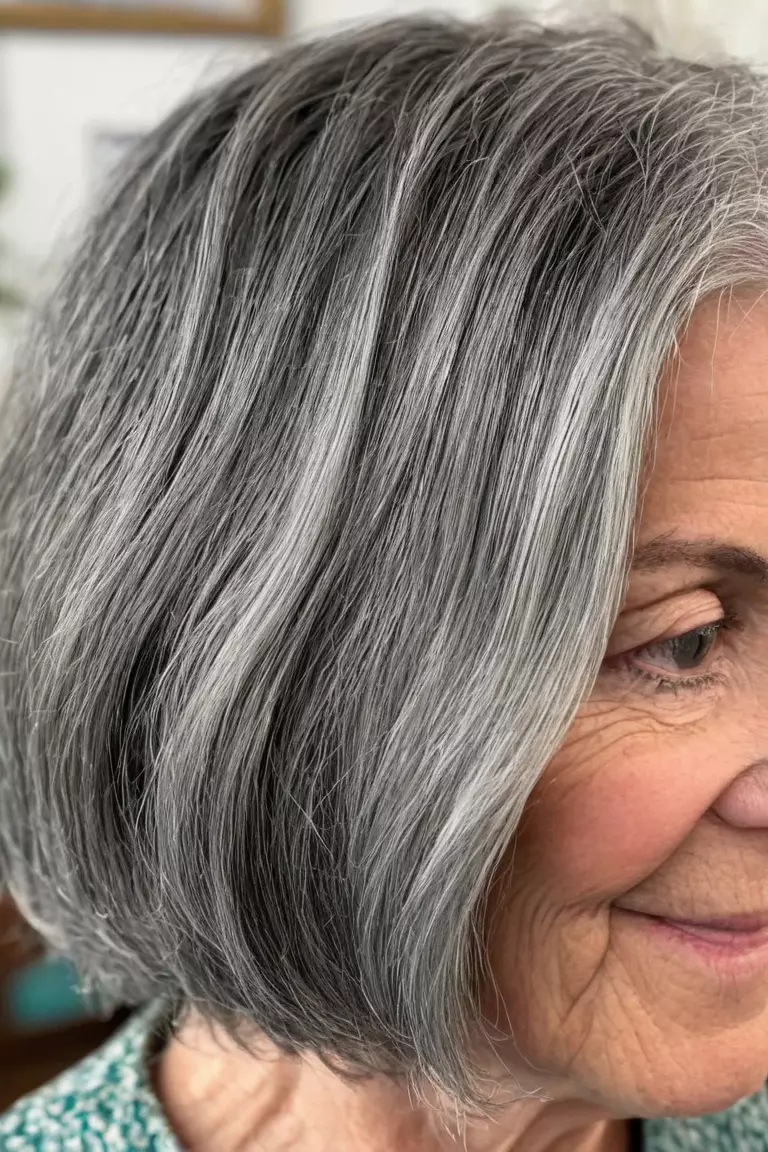 Cropped Blunt Cut Gray Waves A photo of a 58-year-old Virginia, cropped blunt cut gray waves, front view, living room background