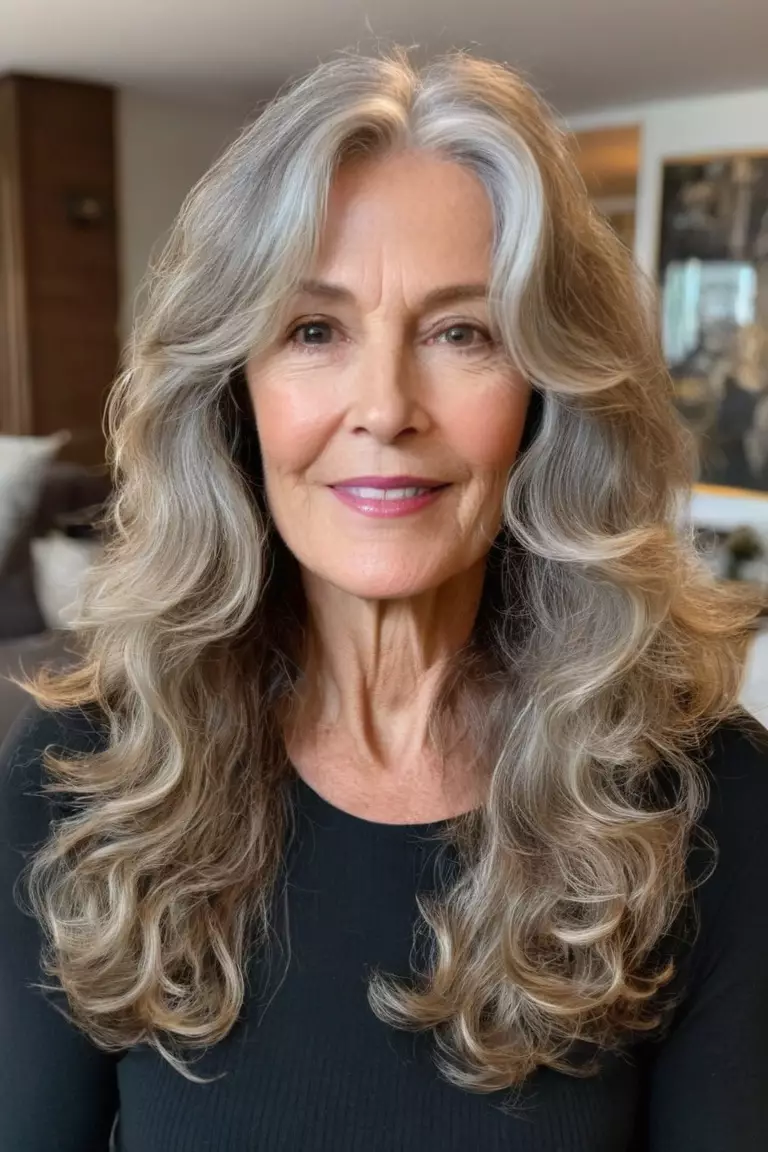 Long Face-Framing Waves A photo of a 60-year-old Sandra, long wavy hair with face-framing layers, front view, living room background