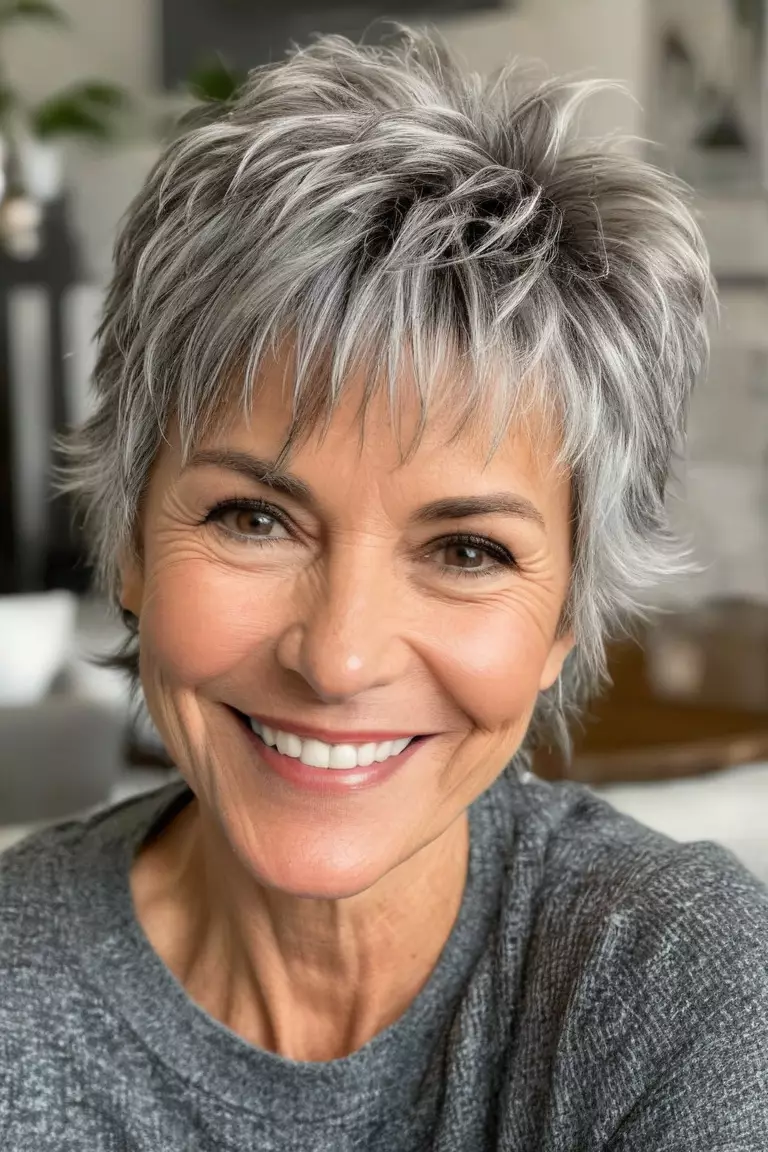 Shaggy Tousled Pixie A photo of a 53-year-old smiling Sandra, shaggy tousled gray pixie, front view, living room background