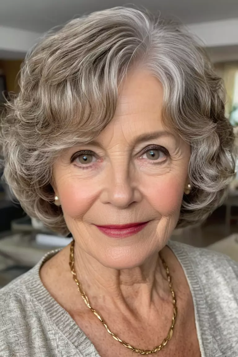 Cropped Wavy Bob A photo of a 66-year-old Carol, cropped wavy bob with texture, front view, living room background