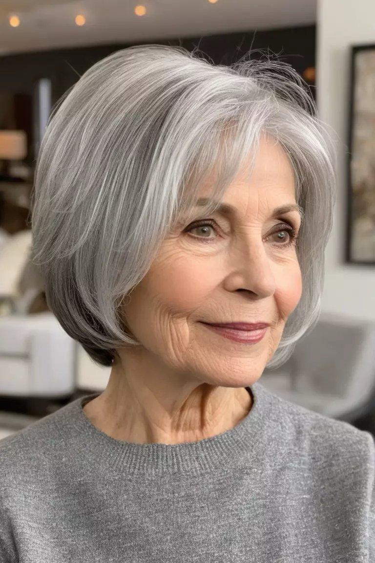 A photo of a 65-year-old Mary, wispy silver bob with razored ends, side view, living room background