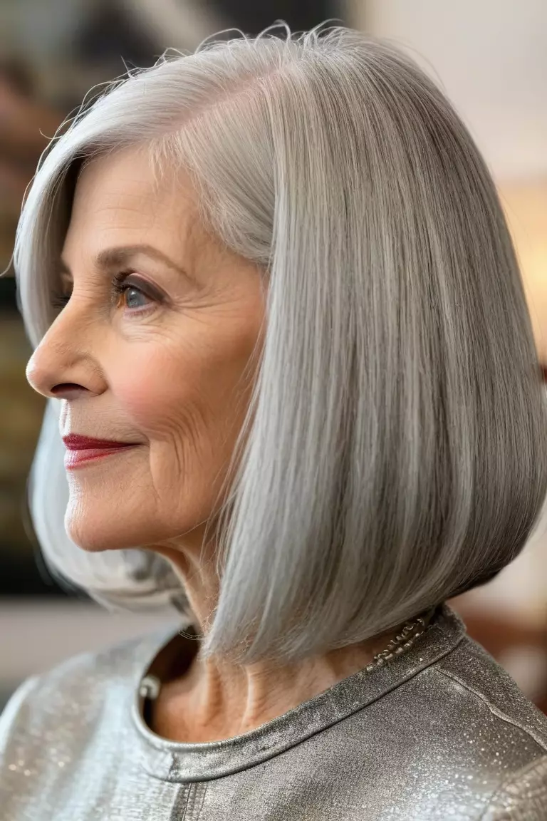 A photo of a 67-year-old Martha, long shoulder-length silver bob, side view, living room background