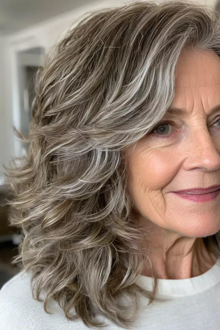 Tousled Layered Waves A photo of a 64-year-old Susan, tousled layered waves with piece-y texture, front view, living room background