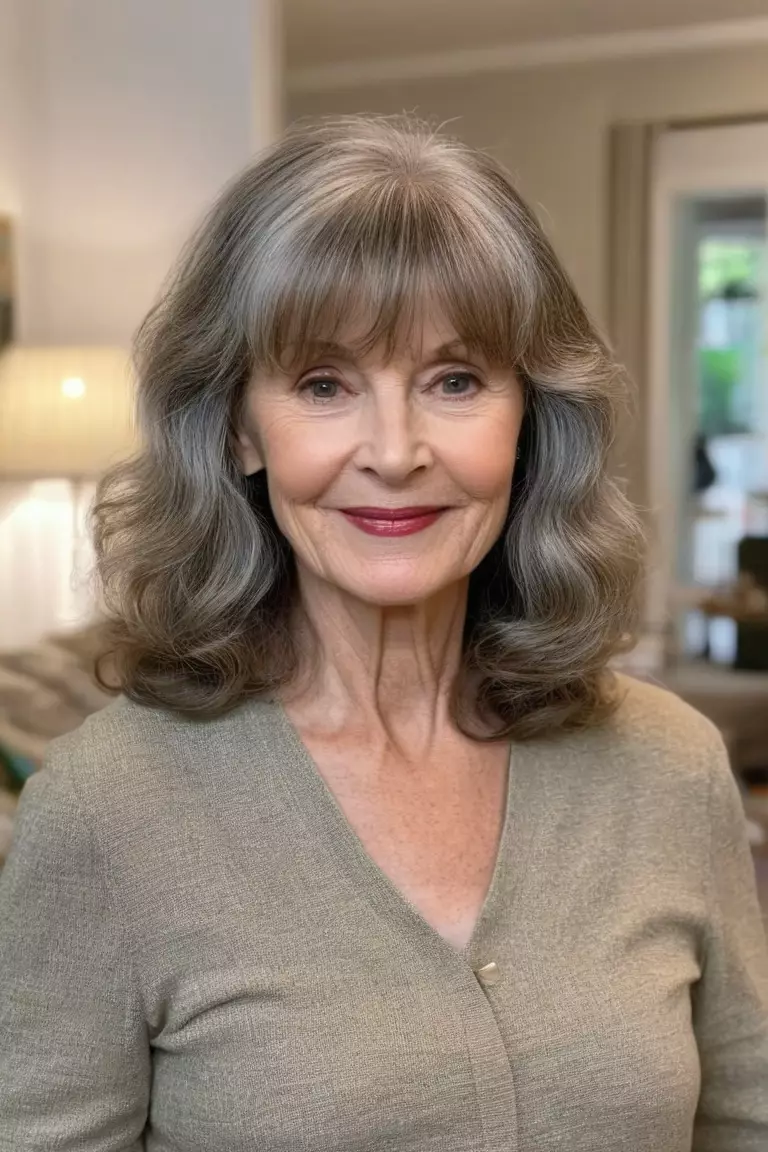 Medium-Length Waves with Bangs A photo of a 67-year-old Judith, medium-length wavy hair with straight-across bangs, front view, living room background