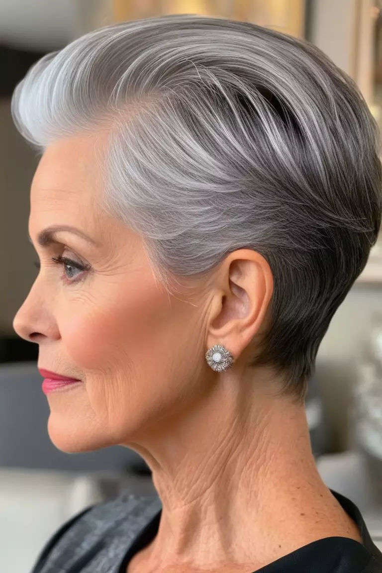 A photo of a 66-year-old Margaret, slicked-back gray pixie haircut, side view, living room background