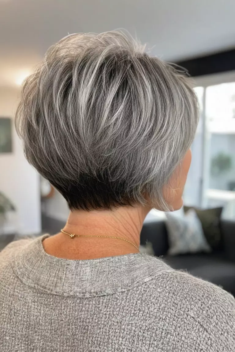 Textured Pixie Bob A photo of a 54-year-old Sarah, textured pixie gray bob, back view, living room background