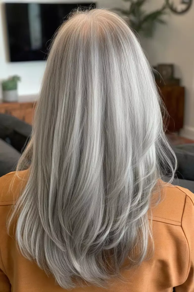 A photo of a 69-year-old Nancy, long cool-toned silver hair with layers, back view, living room background