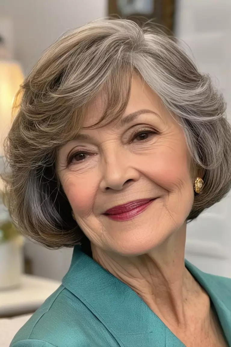 Chin-Length Waves A photo of a 66-year-old Nancy, chin-length wavy bob, side view, living room background