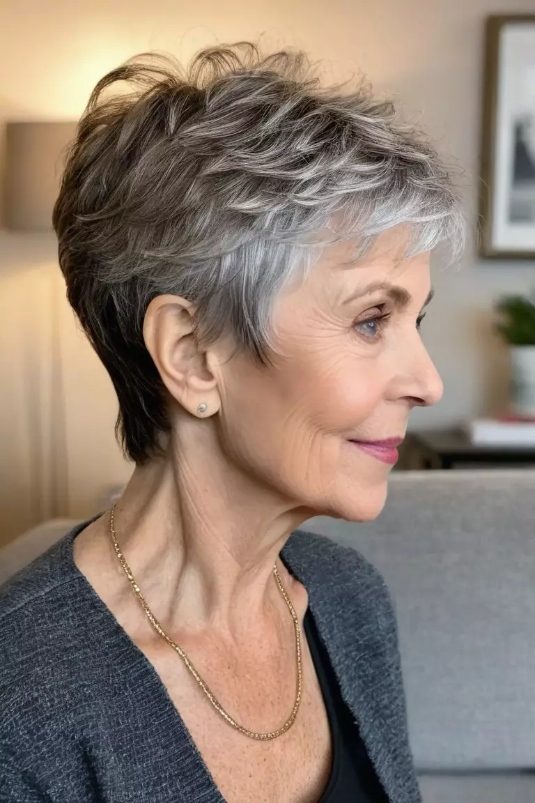A photo of a 63-year-old Frances, textured tousled pixie cut, side view, living room background
