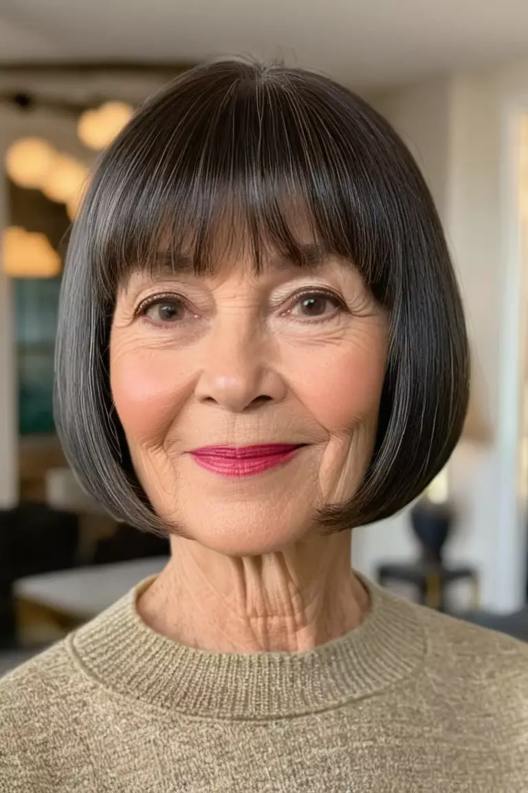 A photo of a 68-year-old Donna, chin-length bob with straight bangs, front view, living room background