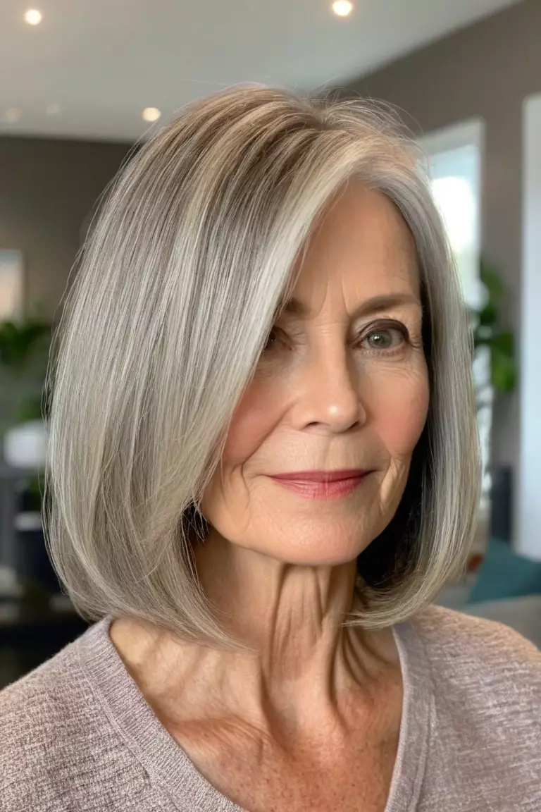 A photo of a 62-year-old Karen, long bob with subtle layers, front view, living room background