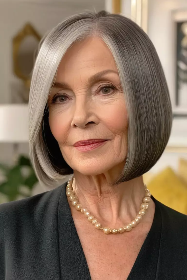 A photo of a 68-year-old Cynthia, sleek bob with center part, front view, living room background