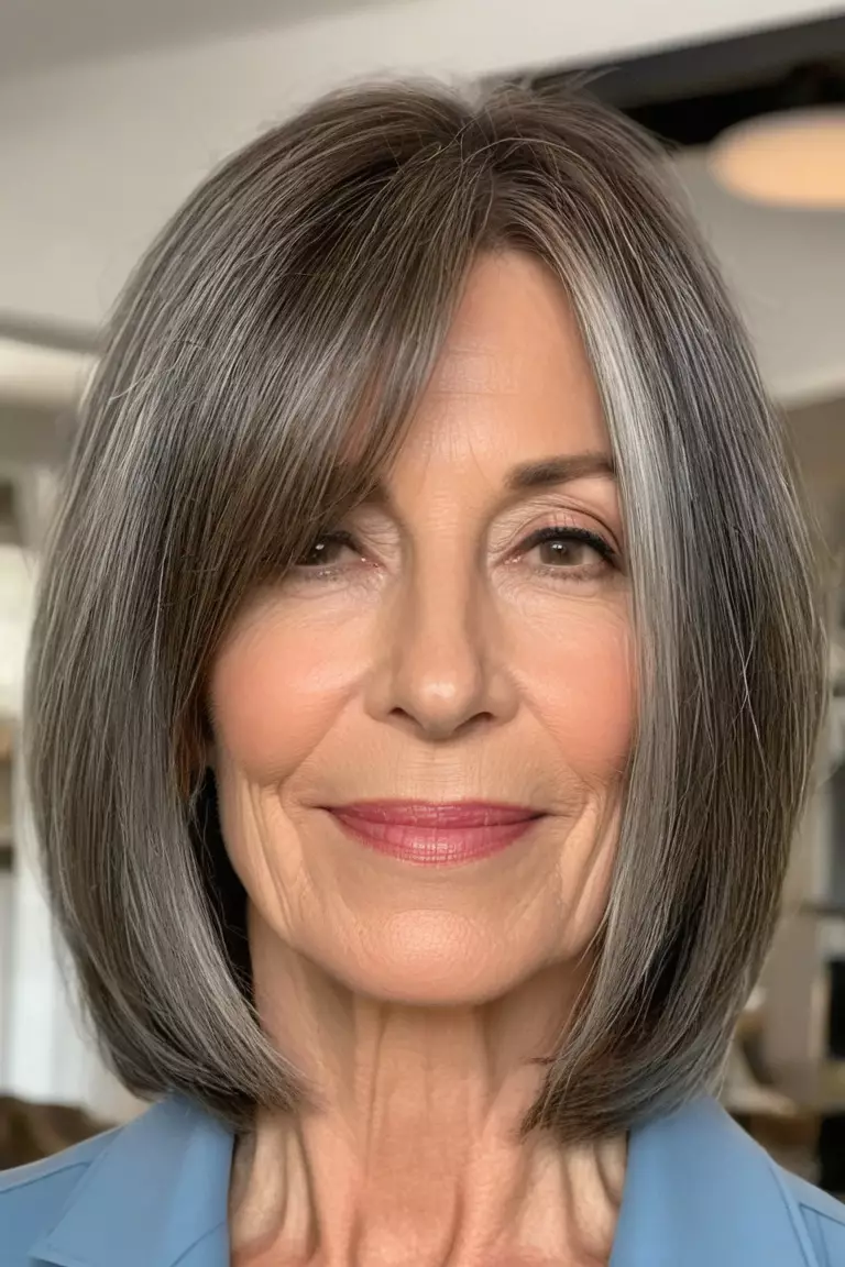 Face-Framing Lob (Long Bob) A photo of a 55-year-old Christine, face-framing long bob, front view, living room background