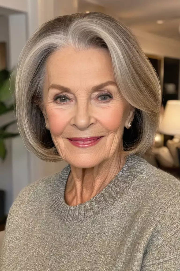 A photo of a 68-year-old Barbara, straight highlighted lob, front view, living room background