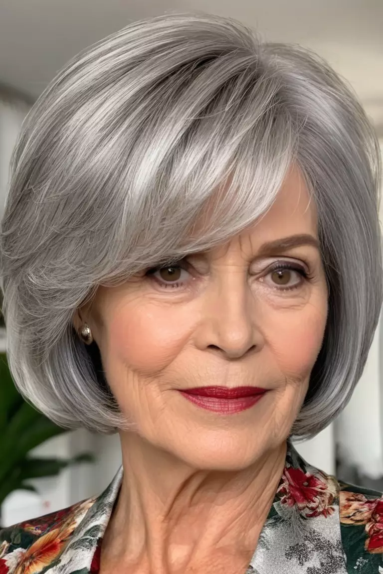 A photo of a 64-year-old Joyce, voluminous layered silver bob, front view, living room background